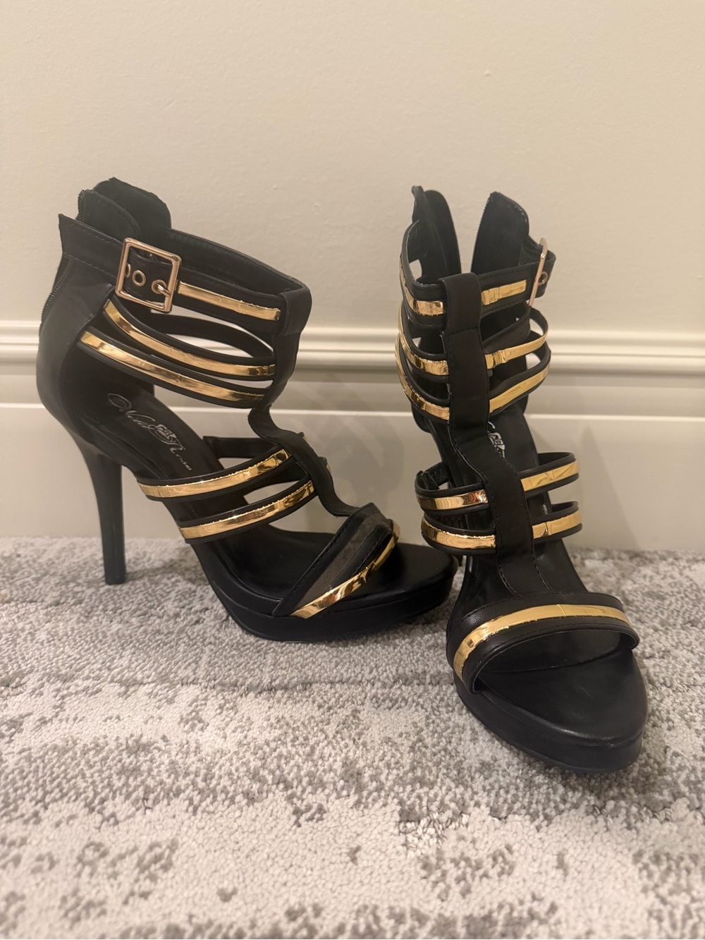 Wild Rose Black and Gold Strappy High Heel Sandals